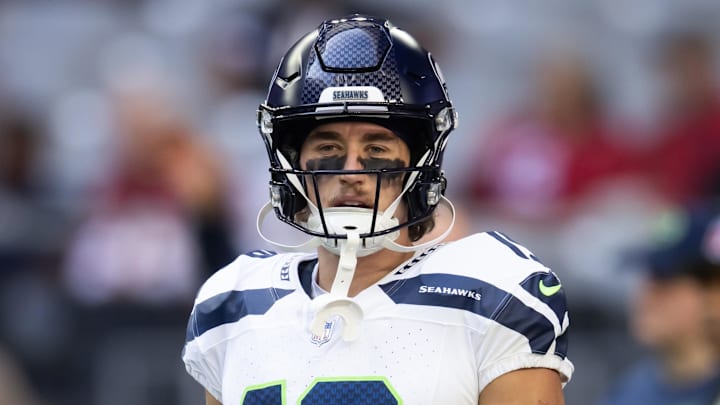 Dec 8, 2024; Glendale, Arizona, USA; Seattle Seahawks wide receiver Jake Bobo (19) against the Arizona Cardinals at State Farm Stadium. Mandatory Credit: Mark J. Rebilas-Imagn Images
