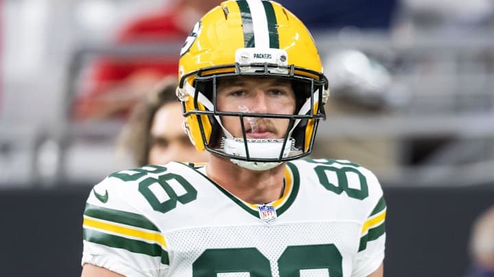 Oct 19, 2025; Glendale, Arizona, USA; Green Bay Packers tight end Luke Musgrave (88) against the Arizona Cardinals at State Farm Stadium. Oct 19, 2025; Glendale, Arizona, USA; Green Bay Packers tight end Luke Musgrave (88) against the Arizona Cardinals at State Farm Stadium.