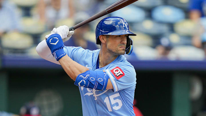 Aug 13, 2025; Kansas City, Missouri, USA; Kansas City Royals outfielder Randall Grichuk (15) bats during the fifth inning against the Washington Nationals at Kauffman Stadium. Mandatory Credit: Jay Biggerstaff-Imagn Images