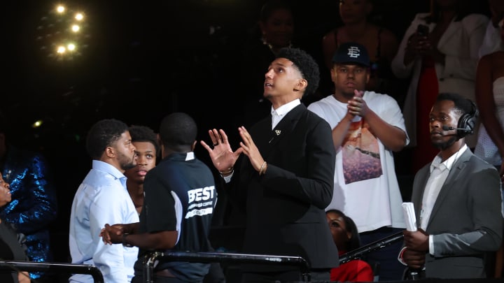 Jun 26, 2024; Brooklyn, NY, USA; Ryan Dunn reacts after being selected in the first round by the Denver Nuggets in the 2024 NBA Draft at Barclays Center. 