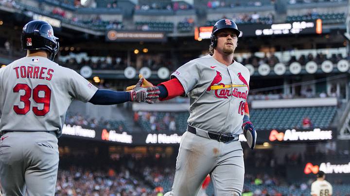Sep 7, 2026; San Francisco, California, USA;  St. Louis Cardinals third baseman Nolan Gorman (16) celebrates with second baseman Bryan Torres (39) after scoring on an RBI double hit by outfielder Nathan Church (not pictured) against San Francisco Giants pitcher Trent Harris (not pictured) during the seventh inning at Oracle Park.  Mandatory Credit: John Hefti-Imagn Images