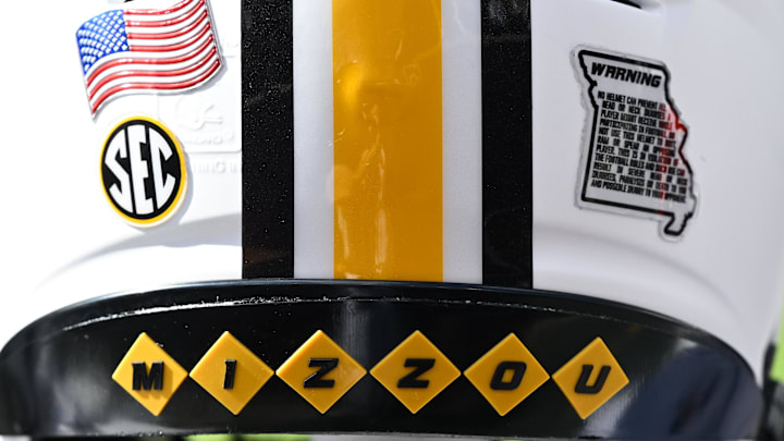 Oct 5, 2024; College Station, Texas, USA; A detail view of a Missouri Tigers helmet on the side line in the first quarter against the Texas A&M Aggies at Kyle Field. Mandatory Credit: Maria Lysaker-Imagn Images. Oct 5, 2024; College Station, Texas, USA; A detail view of a Missouri Tigers helmet on the side line in the first quarter against the Texas A&M Aggies at Kyle Field. Mandatory Credit: Maria Lysaker-Imagn Images.