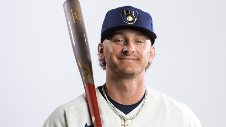 Feb 20, 2026; Phoenix, AZ, USA; Milwaukee Brewers infielder Jett Williams poses for a portrait during photo day at American Family Fields of Phoenix. Mandatory Credit: Mark J. Rebilas-Imagn Images