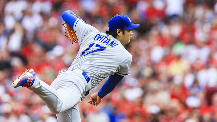 Jul 30, 2025; Cincinnati, Ohio, USA; Los Angeles Dodgers starting pitcher Shohei Ohtani (17) pitches