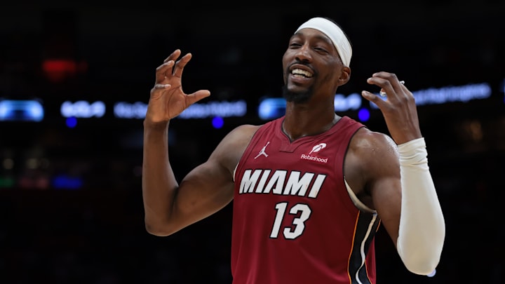 Jan 13, 2026; Miami, Florida, USA; Miami Heat center Bam Adebayo (13) reacts against the Phoenix Suns during the fourth quarter at Kaseya Center. Mandatory Credit: Sam Navarro-Imagn Images