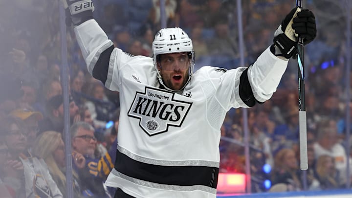 Oct 10, 2024; Buffalo, New York, USA;  Los Angeles Kings center Anze Kopitar (11) reacts after scoring a goal during the third period against the Buffalo Sabres at KeyBank Center. Mandatory Credit: Timothy T. Ludwig-Imagn Images
