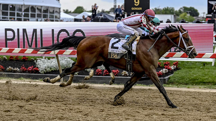 May 17, 2025; Baltimore, Maryland, USA; Journalism (2) with Umberto Rispoli up defeats Gosger (9) with Irad Ortiz Jr. up to win the running of the 150th Preakness stakes. May 17, 2025; Baltimore, Maryland, USA; Journalism (2) with Umberto Rispoli up defeats Gosger (9) with Irad Ortiz Jr. up to win the running of the 150th Preakness stakes.