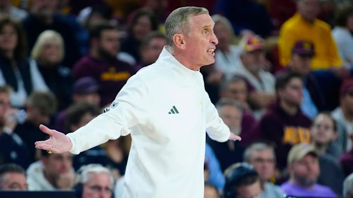 Arizona State head coach Bobby Hurley argues a call against TCU during a game at Desert Financial Arena in Tempe on Feb. 15, 2025.