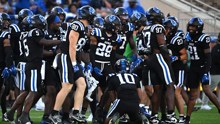 Sep 20, 2025; Durham, North Carolina, USA; The Duke Blue Devils react during the fourth quarter against the NC State Wolfpack at Wallace Wade Stadium. Mandatory Credit: Zachary Taft-Imagn Images