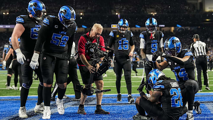 Detroit Lions running back Jahmyr Gibbs (26) celebrates his fourth touchdown against the Minnesota Vikings.