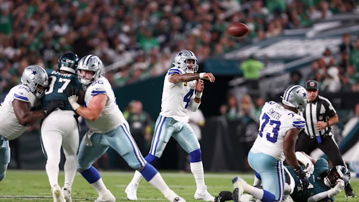 Sep 4, 2025; Philadelphia, Pennsylvania, USA; Dallas Cowboys quarterback Dak Prescott (4) passes the ball against the Philadelphia Eagles during the first quarter of the game at Lincoln Financial Field. Mandatory Credit: Bill Streicher-Imagn Images