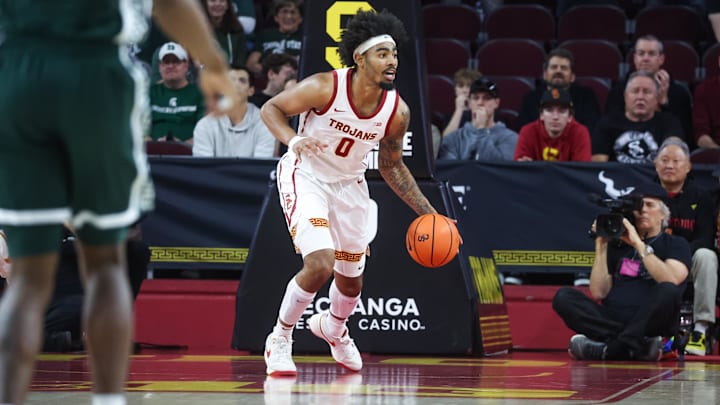 Feb 1, 2025; Los Angeles, California, USA;  USC Trojans forward Saint Thomas (0) calls out a teammate against the Michigan State Spartans during the first half at Galen Center. Mandatory Credit: William Navarro-Imagn Images