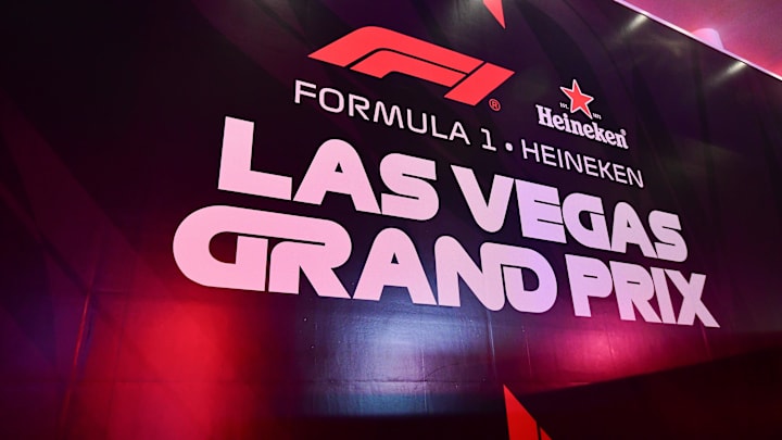 Nov 19, 2025; Las Vegas, NV, USA; Signage for the Las Vegas Grand Prix pictured at Las Vegas Strip Circuit. Mandatory Credit: Gary A. Vasquez-Imagn Images