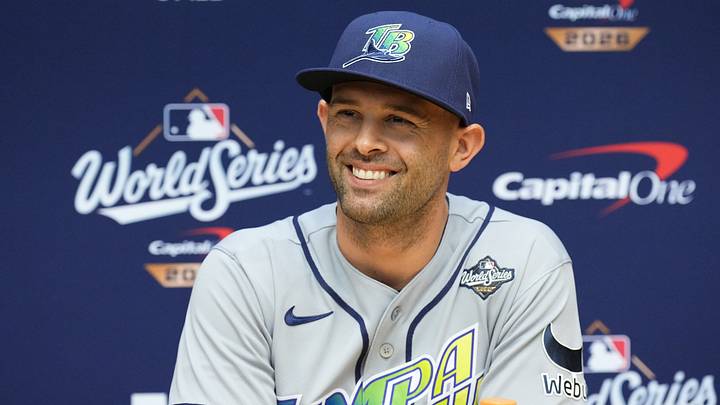 Oct 22, 2026; Milwaukee, WI, USA; Tampa Bay Rays pitcher Nick Martinez (28) speaks during a press conference during a workout session before the 2026 World Series. Mandatory Credit: Michael McLoone-Imagn Images Oct 22, 2026; Milwaukee, WI, USA; Tampa Bay Rays pitcher Nick Martinez (28) speaks during a press conference during a workout session before the 2026 World Series. Mandatory Credit: Michael McLoone-Imagn Images