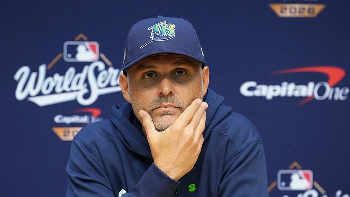 Oct 22, 2026; Milwaukee, WI, USA;  Tampa Bay Rays manager Kevin Cash (16) speaks during a press conference during a workout session before the 2026 World Series.  Mandatory Credit: Michael McLoone-Imagn Images
