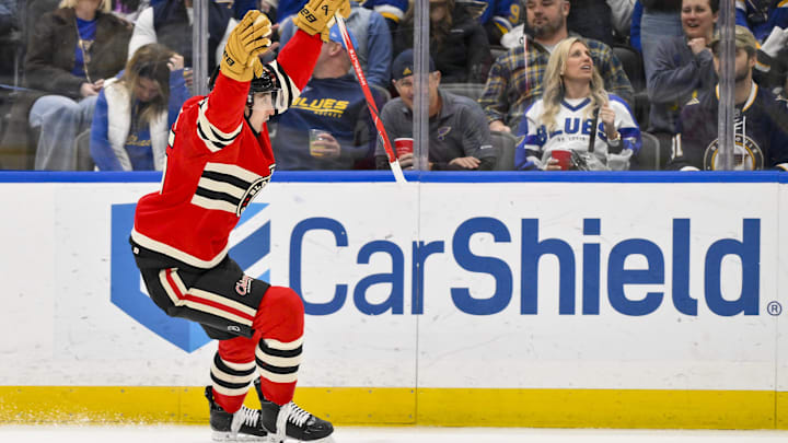 Feb 8, 2025; St. Louis, Missouri, USA;  Chicago Blackhawks right wing Ilya Mikheyev (95) reacts after scoring against the St. Louis Blues during the third period at Enterprise Center. Mandatory Credit: Jeff Curry-Imagn Images