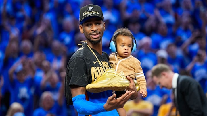 Jun 22, 2025; Oklahoma City, Oklahoma, USA; Oklahoma City Thunder guard Shai Gilgeous-Alexander (2) after winning game seven of the 2025 NBA Finals against the Indiana Pacers at Paycom Center. Mandatory Credit: Kyle Terada-Imagn Images Jun 22, 2025; Oklahoma City, Oklahoma, USA; Oklahoma City Thunder guard Shai Gilgeous-Alexander (2) after winning game seven of the 2025 NBA Finals against the Indiana Pacers at Paycom Center. Mandatory Credit: Kyle Terada-Imagn Images