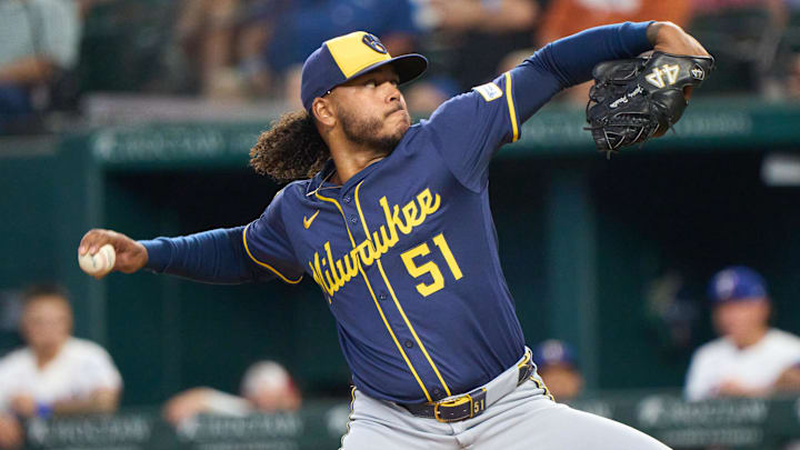 Sep 10, 2025; Arlington, Texas, USA; Milwaukee Brewers starting pitcher Freddy Peralta (51) throws a pitch against the Texas Rangers at Globe Life Field. Mandatory Credit: Jim Cowsert-Imagn Images Sep 10, 2025; Arlington, Texas, USA; Milwaukee Brewers starting pitcher Freddy Peralta (51) throws a pitch against the Texas Rangers at Globe Life Field. Mandatory Credit: Jim Cowsert-Imagn Images