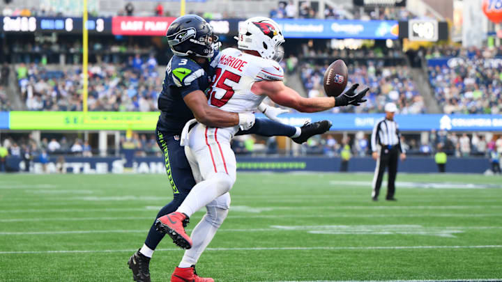 Nov 9, 2025; Seattle, Washington, USA;  Seattle Seahawks safety Nick Emmanwori (3) breaks up a pass to Arizona Cardinals tight end Trey McBride (85) in the end zone during the third quarter at Lumen Field. Mandatory Credit: Steven Bisig-Imagn Images