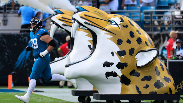 Jacksonville Jaguars center Luke Fortner (79) is introduced before a NFL football game Sunday, Sept. Jacksonville Jaguars center Luke Fortner (79) is introduced before a NFL football game Sunday, Sept.
