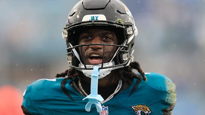 Jacksonville Jaguars wide receiver Brian Thomas Jr. (7) reacts to his first down pickup during the second quarter of an NFL football matchup Sunday, Dec. 29, 2024 at EverBank Stadium in Jacksonville, Fla. [Corey Perrine/Florida Times-Union]