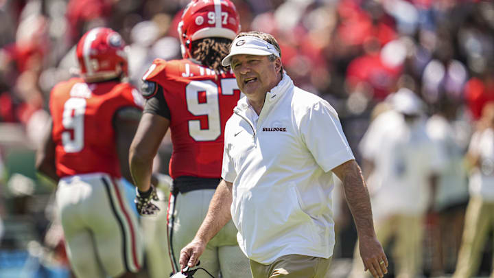 Apr 12, 2025; Athens, GA, USA; Georgia Bulldogs head coach Kirby Smart shown during the Georgia Spring game at Sanford Stadium. Mandatory Credit: Dale Zanine-Imagn Images