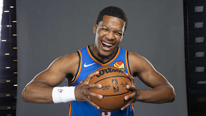 Sep 29, 2025; Oklahoma City, OK, USA; Oklahoma City Thunder guard Chris Youngblood (3) poses for a photo during the 2025 Oklahoma City Thunder media day at Paycom Center. Sep 29, 2025; Oklahoma City, OK, USA; Oklahoma City Thunder guard Chris Youngblood (3) poses for a photo during the 2025 Oklahoma City Thunder media day at Paycom Center.