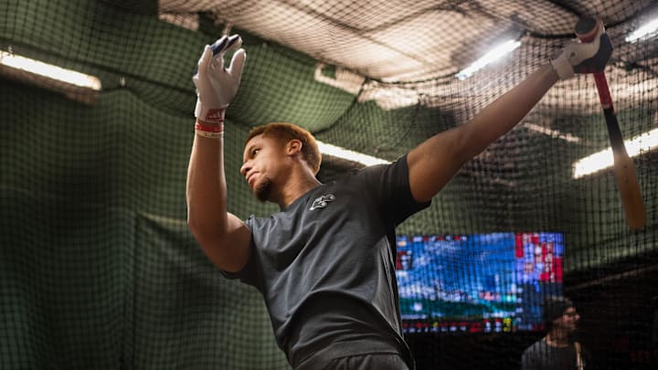 Red Sox prospect Kristian Campbell takes some swings inside the batting cage at Fenway Park on Tuesday. Red Sox prospect Kristian Campbell takes some swings inside the batting cage at Fenway Park on Tuesday.
