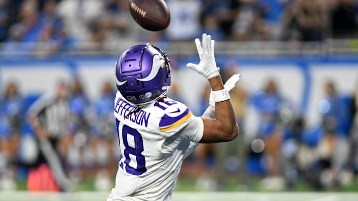 Jan 7, 2024; Detroit, Michigan, USA; Minnesota Vikings wide receiver Justin Jefferson (18) catches a pass against Detroit. 