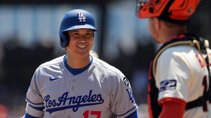 San Francisco, California, USA; Los Angeles Dodgers starting pitcher Shohei Ohtani (17) greets San Francisco Giants catcher Patrick Bailey (right) before batting during the first inning at Oracle Park. San Francisco, California, USA; Los Angeles Dodgers starting pitcher Shohei Ohtani (17) greets San Francisco Giants catcher Patrick Bailey (right) before batting during the first inning at Oracle Park.