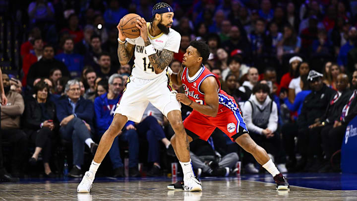Mar 8, 2024; Philadelphia, Pennsylvania, USA; New Orleans Pelicans forward Brandon Ingram (14) controls the ball against Philadelphia 76ers guard Kyle Lowry (7) in the second quarter at Wells Fargo Center. Mandatory Credit: Kyle Ross-Imagn Images Mar 8, 2024; Philadelphia, Pennsylvania, USA; New Orleans Pelicans forward Brandon Ingram (14) controls the ball against Philadelphia 76ers guard Kyle Lowry (7) in the second quarter at Wells Fargo Center. Mandatory Credit: Kyle Ross-Imagn Images