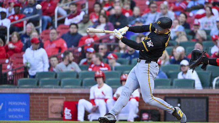 May 5, 2025; St. Louis, Missouri, USA;  Pittsburgh Pirates right fielder Bryan Reynolds (10) hits a two run home run against the St. Louis Cardinals during the first inning at Busch Stadium. Mandatory Credit: Jeff Curry-Imagn Images