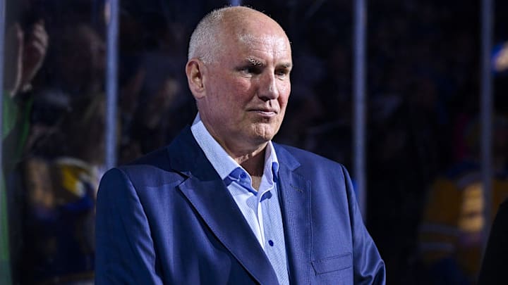 Mar 25, 2024; St. Louis, Missouri, USA;  St. Louis Blues general manager Doug Armstrong looks on before a game against the Vegas Golden Knights at Enterprise Center. Mandatory Credit: Jeff Curry-Imagn Images