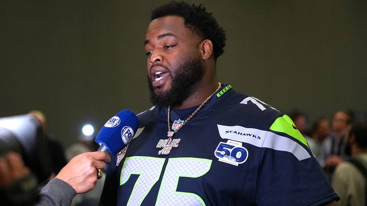 Seattle Seahawks guard Anthony Bradford (75) talks to media members at the San Jose Marriott.