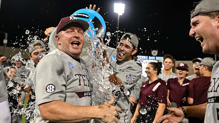 Jun 9, 2024; College Station, TX, USA; Texas A&M head coach Jim Schlossnagle celebrates after sweeping Oregon in the Bryan-College Station Super Regional series at Olsen Field, Blue Bell Park Mandatory Credit: Maria Lysaker-USA TODAY Sports