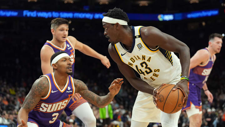 Jan 21, 2024; Phoenix, Arizona, USA; Phoenix Suns guard Bradley Beal (3) guards Indiana Pacers forward Pascal Siakam (43) during the second half at Footprint Center. Mandatory Credit: Joe Camporeale-Imagn Images Jan 21, 2024; Phoenix, Arizona, USA; Phoenix Suns guard Bradley Beal (3) guards Indiana Pacers forward Pascal Siakam (43) during the second half at Footprint Center. Mandatory Credit: Joe Camporeale-Imagn Images