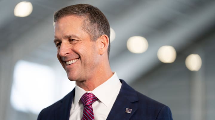 New Giants Head Coach John Harbaugh speaks with members of the media during a press conference welcoming Harbaugh at the Quest Diagnostics Training Center in East Rutherford on Tuesday, Jan. 20, 2025.