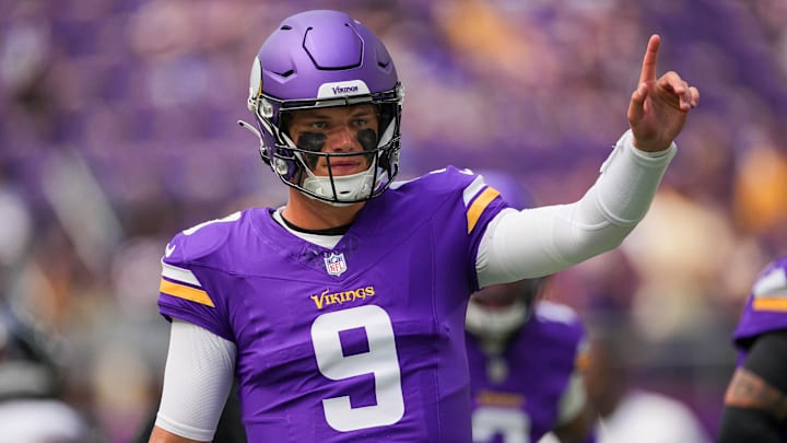 Aug 9, 2025; Minneapolis, Minnesota, USA; Minnesota Vikings quarterback J.J. McCarthy (9) before the game against the Houston Texans at U.S. Bank Stadium.