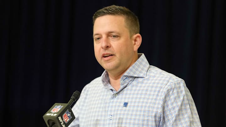 Feb 24, 2026; Indianapolis, IN, USA; New England Patriots general manager Eliot Wolf speaks at the NFL Scouting Combine at the Indiana Convention Center. Mandatory Credit: Kirby Lee-Imagn Images