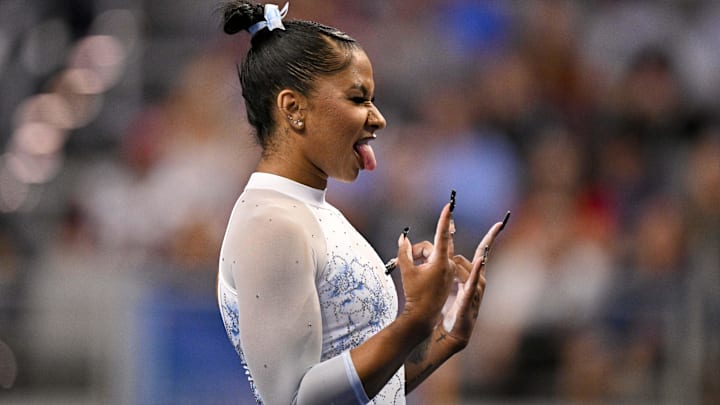UCLA Bruins gymnast Jordan Chiles performs on floor exercise during the 2025 Women's National Gymnastics Championship at Dickies Arena. 