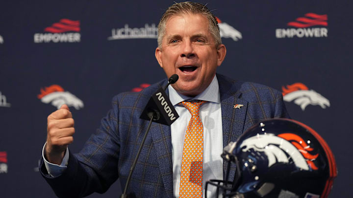 Feb 6, 2023; Englewood, CO, USA; Denver Broncos head coach Sean Payton speaks at the UCHealth
