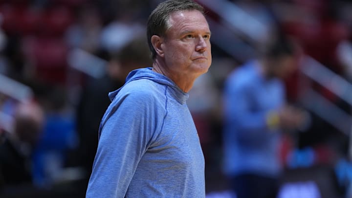 Mar 19, 2026; San Diego, CA, USA; Kansas Jayhawks head coach Bill Self during a practice session ahead of the first round of the men's 2026 NCAA Tournament at Viejas Arena. Mandatory Credit: Kirby Lee-Imagn Images Mar 19, 2026; San Diego, CA, USA; Kansas Jayhawks head coach Bill Self during a practice session ahead of the first round of the men's 2026 NCAA Tournament at Viejas Arena. Mandatory Credit: Kirby Lee-Imagn Images