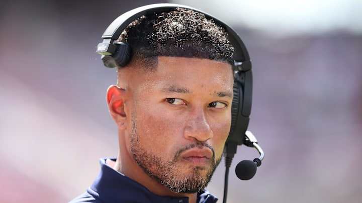 Notre Dame Fighting Irish coach Marcus Freeman against the Arkansas Razorbacks at Donald W. Reynolds Razorback Stadium. Notre Dame won 56-13. 