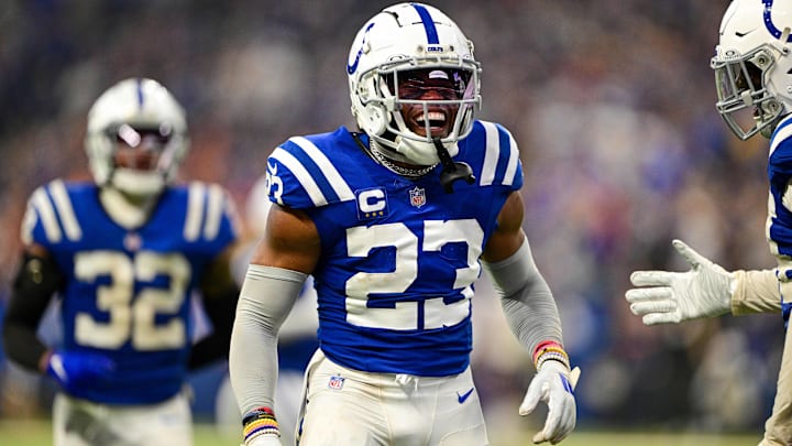 Sep 22, 2024; Indianapolis, Indiana, USA; Indianapolis Colts cornerback Kenny Moore II (23) celebrates a sack during the second half against the Chicago Bears at Lucas Oil Stadium. Mandatory Credit: Marc Lebryk-Imagn Images
Sep 22, 2024; Indianapolis, Indiana, USA; Indianapolis Colts cornerback Kenny Moore II (23) celebrates a sack during the second half against the Chicago Bears at Lucas Oil Stadium. Mandatory Credit: Marc Lebryk-Imagn Images