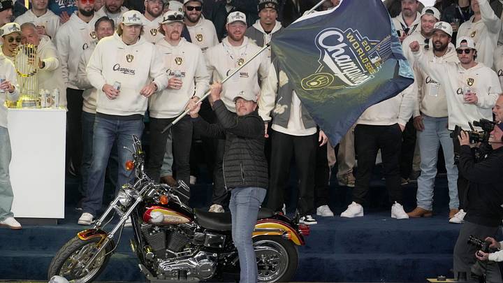 Milwaukee Brewers Hall of Fame Robin Yount rides a motorcycle belonging to the late team broadcasting legend Bob Uecker during the championship rally Friday, Oct. 30, 2026 at the American Family Insurance Amphitheater in Milwaukee, Wisconsin. The Brewers beat the Tampa Bay Rays to become the 2026 World Series champions. Milwaukee Brewers Hall of Fame Robin Yount rides a motorcycle belonging to the late team broadcasting legend Bob Uecker during the championship rally Friday, Oct. 30, 2026 at the American Family Insurance Amphitheater in Milwaukee, Wisconsin. The Brewers beat the Tampa Bay Rays to become the 2026 World Series champions.