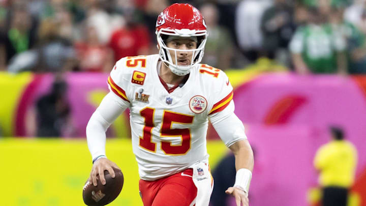 Feb 9, 2025; New Orleans, LA, USA;  Kansas City Chiefs quarterback Patrick Mahomes (15) against the Philadelphia Eagles in Super Bowl LIX at Ceasars Superdome. Mandatory Credit: Mark J. Rebilas-Imagn Images