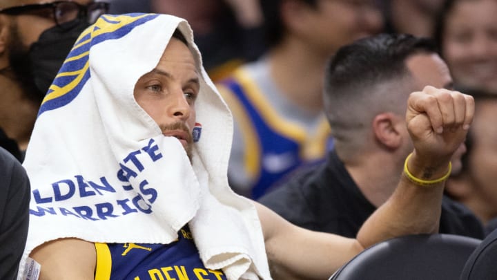 Apr 12, 2024; San Francisco, California, USA; Golden State Warriors guard Stephen Curry (30) watches