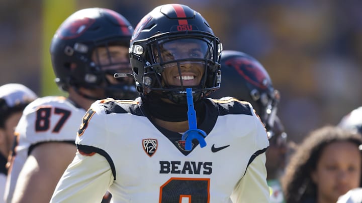 Nov 19, 2022; Tempe, Arizona, USA; Oregon State Beavers wide receiver Makiya Tongue (9) against the Arizona State Sun Devils at Sun Devil Stadium. Mandatory Credit: Mark J. Rebilas-Imagn Images