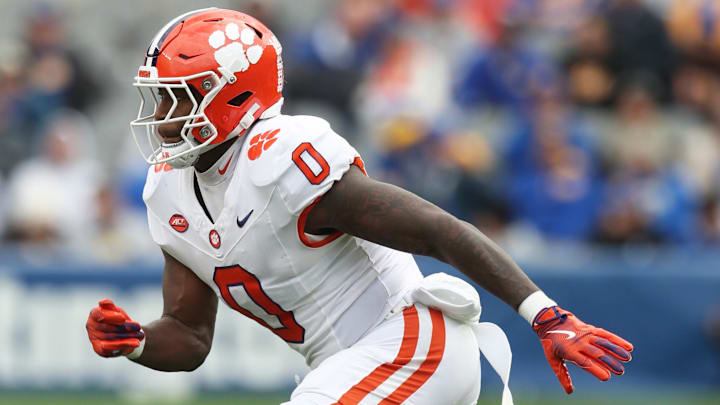 Nov 16, 2024; Pittsburgh, Pennsylvania, USA; Clemson Tigers linebacker Barrett Carter (0) pass rushes against the Pittsburgh Panthers during the second quarter at Acrisure Stadium. Mandatory Credit: Charles LeClaire-Imagn Images