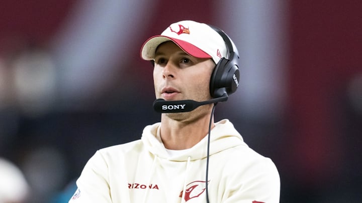 Sep 25, 2025; Glendale, Arizona, USA; Arizona Cardinals head coach Jonathan Gannon against the Seattle Seahawks at State Farm Stadium. Mandatory Credit: Mark J. Rebilas-Imagn Images